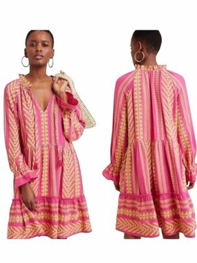 Maeve Anthropologie Dominique Tunic Dress Women 2X Pink Yellow Embroidered Boho